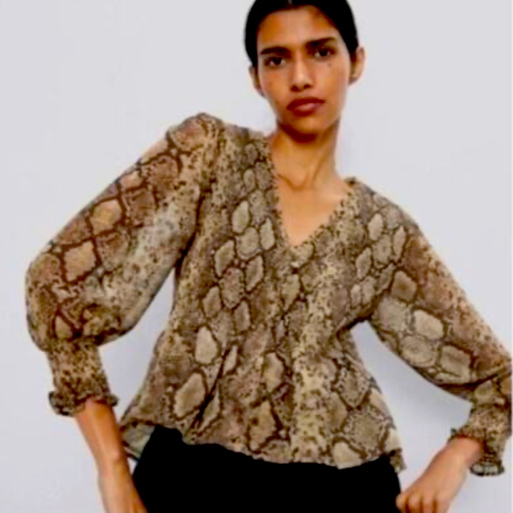 Zara The Veronica Blouse Python Snake Print Puff Sleeves Smocked Brown Tan Sz M